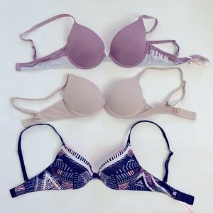 3 PINK VICTORIAS SECRET PUSH UP BRAS SZ 32 B